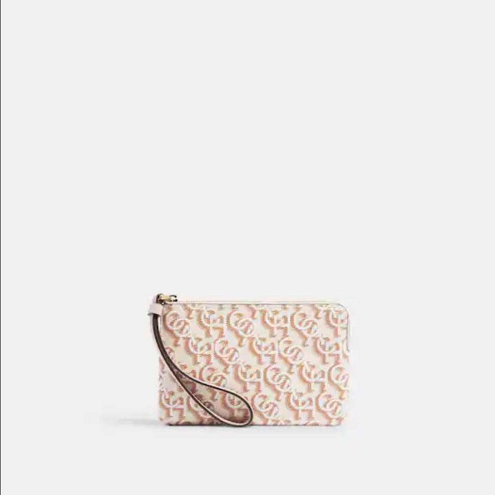 (NWT) Corner Zip Wristlet With Coach Monogram Print in Gold and Chalk Colors